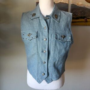 Studded Light Blue Denim Vest with Silver Buttons